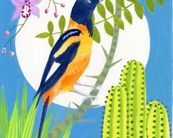 希少 アート 大型本 TROPIAAL ART Birds and Leaves Songbirds Art Print, Tree of Life, Tropical Bird Painting