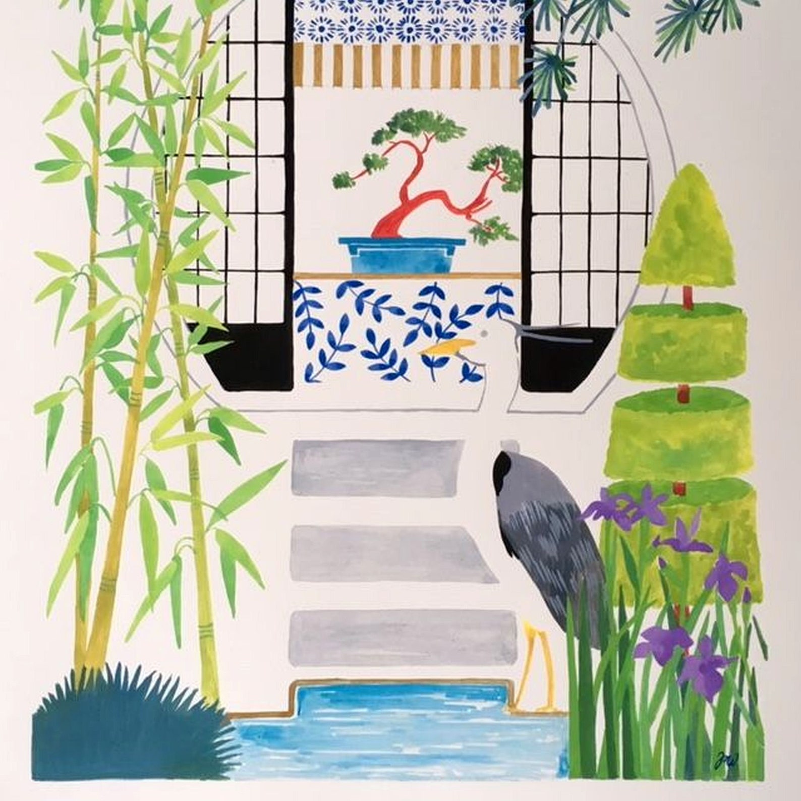 Japanese Garden Art Print Garden Wall Art Zen Garden Illustration New