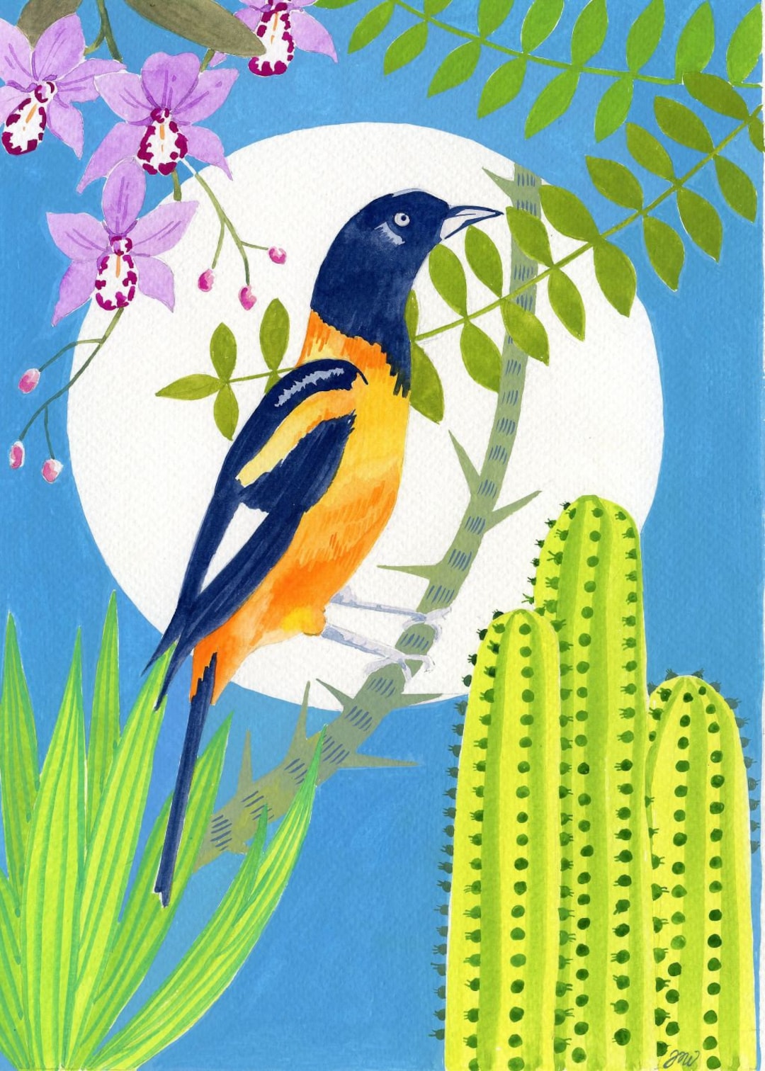 アート 大型本 TROPIAAL ART Birds and Leaves Songbirds Art Print, Tree of Life, Tropical Bird Painting