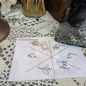 Puede incluir: Una colección de dijes y colgantes plateados, incluyendo una llave y un ángel, dispuestos sobre un papel con palabras en francés. Una bolsa de malla negra contiene dijes adicionales. La palabra "Athanorcreations" es visible.