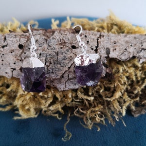 Raw amethyst earrings hanging silver lithotherapy real stone