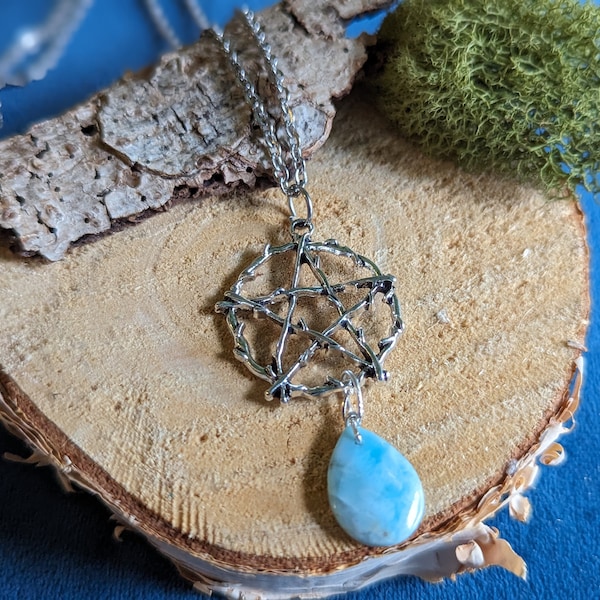 Collier pendentif pentacle larimar métal argenté