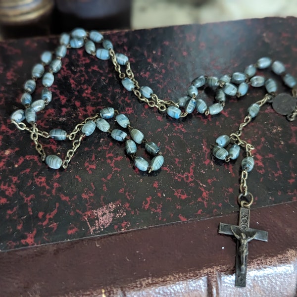 Antique French Rosary Rosary Gray Blue Beads & Silver Cross Vintage Crucifix