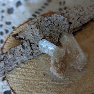 Peut inclure: Deux cristaux de quartz transparents à la texture brute et naturelle, reposant sur un morceau de bois.