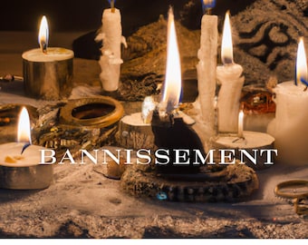 May include: A close-up of several lit candles arranged on a dark surface with a wooden texture. The candles are in various sizes and shapes, and the flames are casting a warm glow. The word "BANNISSEMENT" is written in white letters on the surface.