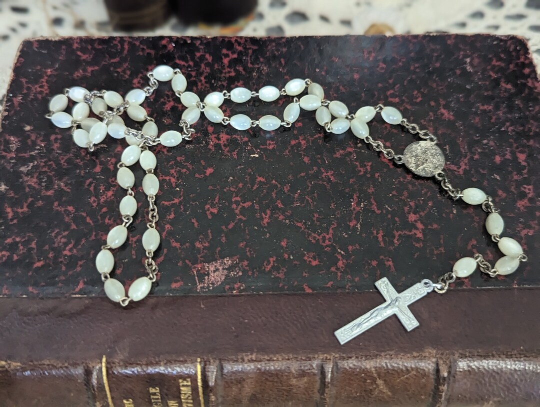 Rosaire de Perles Noires / 5 Décennie / Croix Noire / Sacré-Cœur / Mère