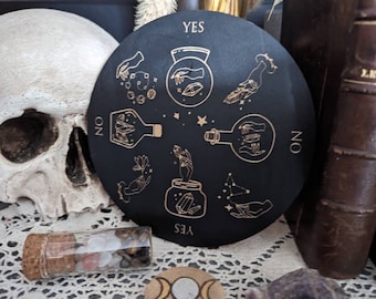 Planche divinatoire pendule radiesthésie noir bois potion oui non sorcière  15 cm