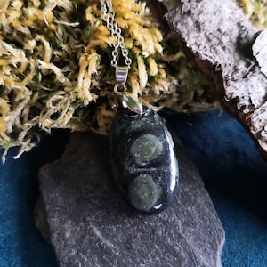 Puede incluir: Un collar de cadena de plata con un colgante ovalado de color verde oscuro y negro. El colgante tiene un patrón de remolino de verde y negro.