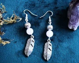 Boucles d'oreilles quartz rose plumes argenté