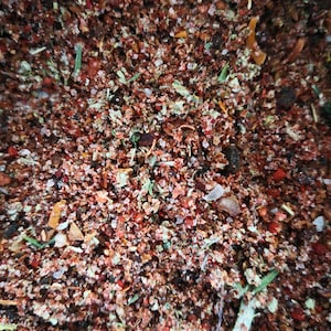 May include: A close-up of a mixture of dried herbs and spices, including red pepper flakes, salt, and dried herbs.
