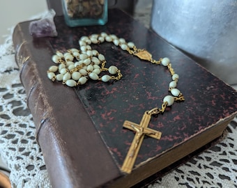 Antique French Rosary White Stones Beads & Gold Cross Crucifix Vintage