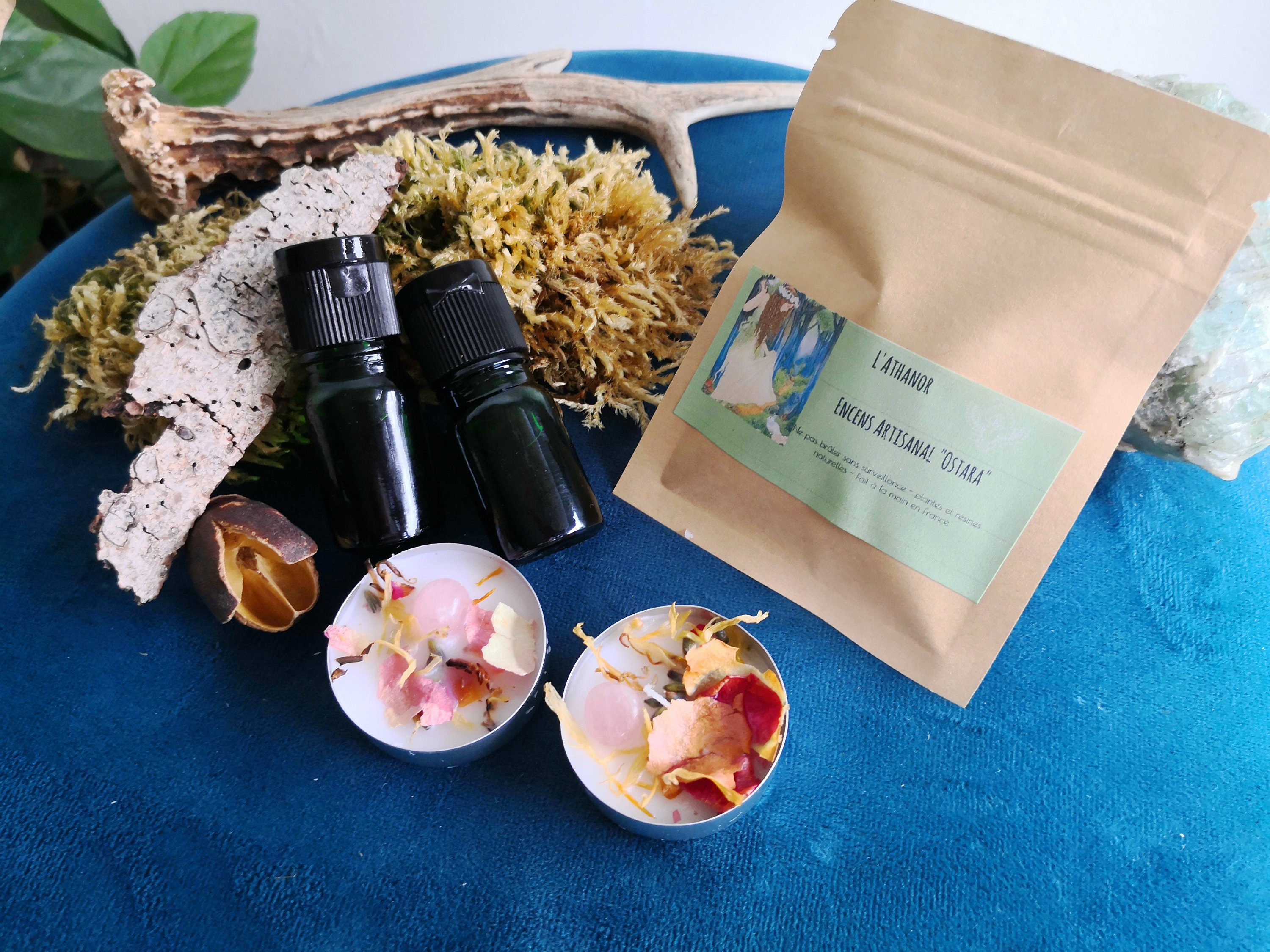 Box Kit Rituel Ostara Sabbat Bougie Encens Huile Cristaux Minéraux.