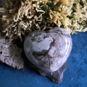 May include: White heart-shaped stone with grey and brown veins. The stone is sitting on a piece of driftwood.