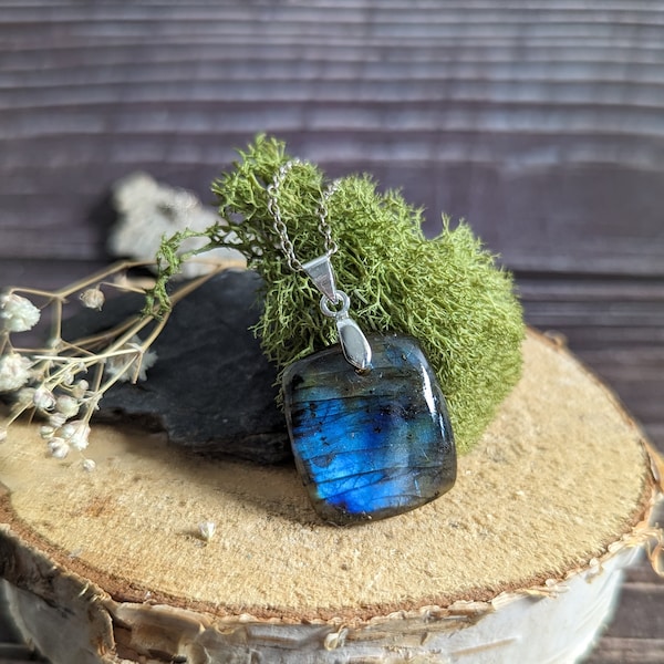 Labradorite ovale bleue pendentif cabochon chaine longueur au choix argent sterling 925