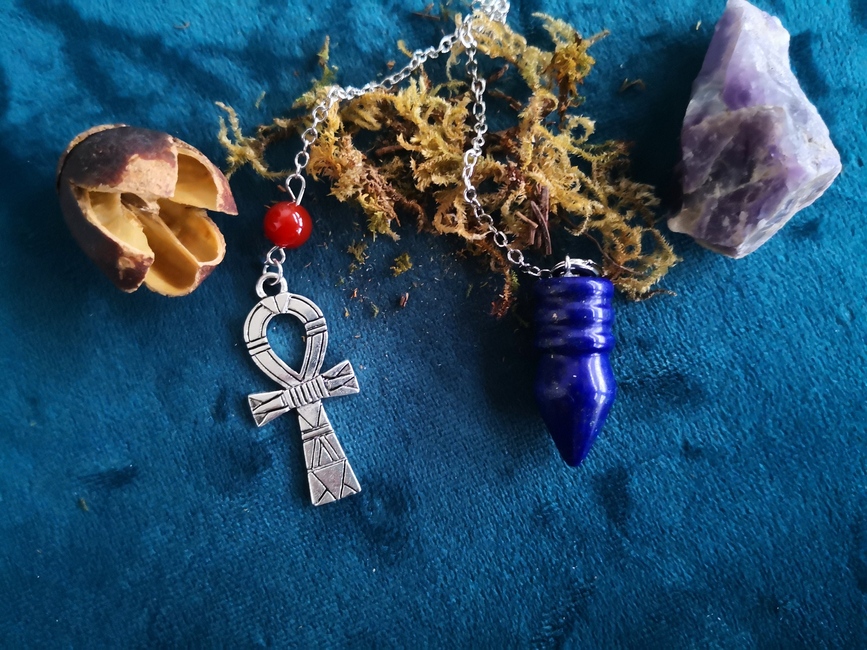 Pendule Égyptien Pierre Métal Lapis Lazuli Cornaline Croix Vie Ankh