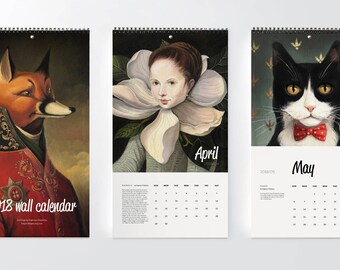 2018 wall calendar Illustrated wall calendar Monthly planner Fantasy paintings Original art Whimsical rabbit fox botanical animal portrait