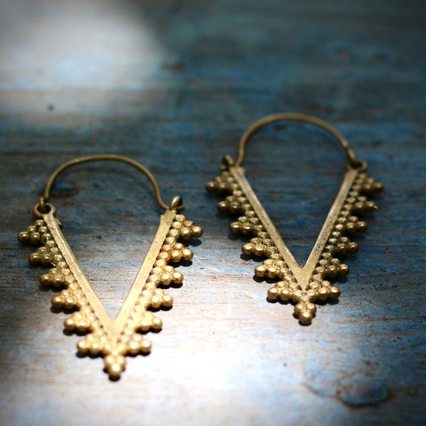 Hammered Golden Hoops Earrings with Triangle Charm Geometric Golden Earring Bohemian Jewelry