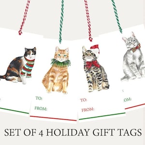 Op de afbeelding: Set van vier witte cadeau-etiketten met kleurrijke illustraties van katten in feestelijke kleding. Elk etiket heeft ruimte voor "Aan:" en "Van:" en een rood-groen gestreept touwtje.
