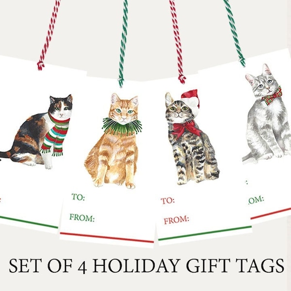 Christmas Gift Tag - Holiday Gift Tags - Christmas Cat - Christmas Kitten - Watercolor Gift Tag - Cute - Festive -Christmas Gift - Gift Wrap