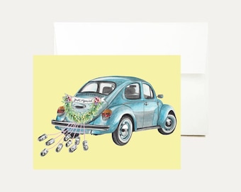 Wedding Car Watercolor Greeting Card - Just Married Card - Wedding Getaway Car - Wedding Car - Volkswagen Beetle - Hand Painted - Stationery