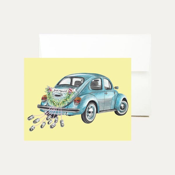 Wedding Car Watercolor Greeting Card - Just Married Card - Wedding Getaway Car - Wedding Car - Volkswagen Beetle - Hand Painted - Stationery