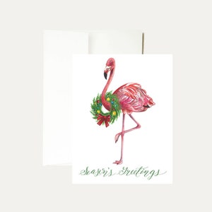 Flamingo Aquarell Weihnachtsgruß- Karte - Strand Malerei - Tropisch - Strand Spaß - Pink - Urlaub - Kranz - Lustig - Florida - Kunst - Briefpapier