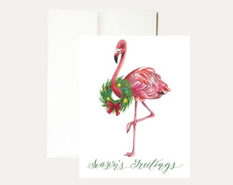 Flamingo Watercolor Christmas Greeting Card - Beach Painting - Tropical - Beach Fun -Pink- Holiday- Wreath- Funny-Florida- Art - Stationery