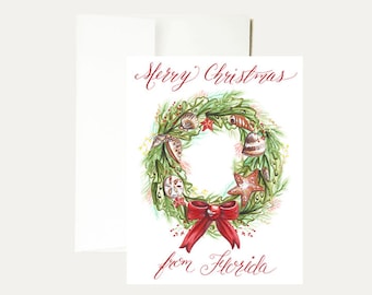 Shell Wreath Watercolor Christmas Greeting Card - Beach Painting - Tropical- Beach Fun-Seashells-Holiday- Coastal -Florida- Art - Stationery