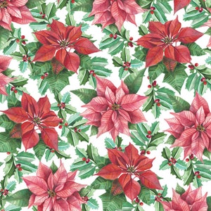 Poinsettia Christmas Gift Wrap - Wrapping Paper -Vintage -Red Poinsettia - Watercolor -Holly Leaves- Holiday- Christmas Floral Gift Wrap