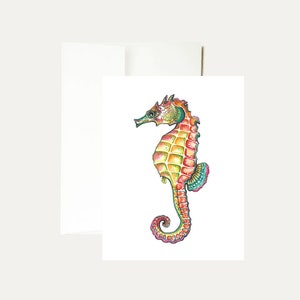 Seahorse Watercolor Greeting Card - Ocean -Beach Painting-Seashells-Sea Life-Nautical Card - Beach Fun - Florida - Sketch - Art - Stationery