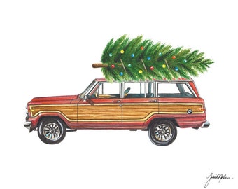 Akvarell kombi - Vintage kombi - Julkombi - Kombi med träpanel - Vintage julkombi med julgran