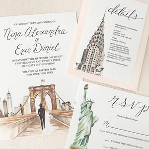 New York City Watercolor Wedding Invite - New York Skyline Wedding Stationery - Brooklyn Bridge Wedding Invitation - NYC Wedding Artwork