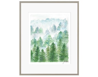 Evergreen Tree Watercolor - Forest Watercolor- Foggy Forest - Mountain Landscape - Misty Forest - Green Trees - Detailed Art Print - Art