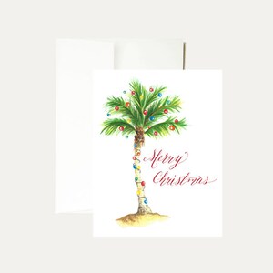 Tarjeta de felicitación navideña con acuarela de palmeras - Pintura de playa - Tropical - Diversión en la playa - Luces - Vacaciones - Costera - Divertida - Florida - Arte - Papelería
