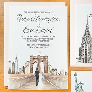 Brooklyn Bridge Watercolor Wedding Invite - New York City Wedding Stationery - New York Skyline Wedding Invitation - NYC Wedding Artwork