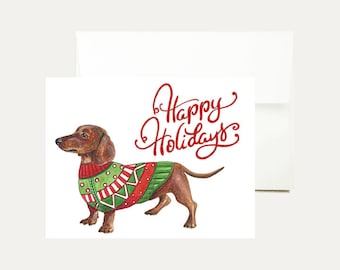 Dachshund Christmas Greeting Card - Dog Christmas Card - Watercolor Christmas Card - Happy Holidays- Cute - Weiner Dog- Art - Stationery