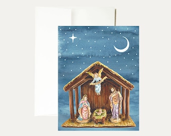 Nativity Watercolor Christmas Greeting Card -Manger Scene -Religious Christmas -Silent Night -Bethlehem -Holiday-Holy Night- Art -Stationery