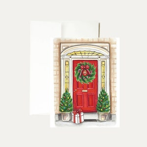 Cartão de felicitações em aquarela para porta da frente de Natal - Cartão de Natal - Natal aconchegante - Natal clássico-Festivo- Luzes-Holiday- Arte - Papelaria