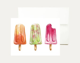 Carte de vœux Popsicle Aquarelle - Crème glacée -Peinture de plage-Tropical - Dessert - Plaisir de la plage - Bonbons - Illustration culinaire - Art - Papeterie