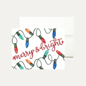 Vintage Lights Watercolor Christmas Greeting Card - Merry and Bright -Vintage Christmas-Lights-Holiday- Whimsical Christmas -Art- Stationery