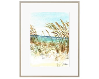 Beach Watercolor Print - Watercolor Landscape Print - Beach Painting - Coastal Wall Art - Ocean - Sea Grass Print -Seascape Watercolor Print