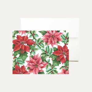 Poinsettia Christmas Greeting Card - Watercolor Painting -Vintage -Red Poinsettia - Holly Leaves- Holiday- Christmas floral-Art -Stationery