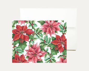 Biglietto di auguri di Natale Poinsettia - Pittura ad acquerello -Vintage -Stella di Natale rossa - Foglie di agrifoglio- Vacanza- Natale floreale-Arte -Cancelleria