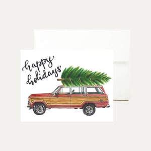 Stationwagen aquarel kerstwenskaart - vintage wagen - vintage kerst - fijne feestdagen - grillige kerst - kunst - briefpapier