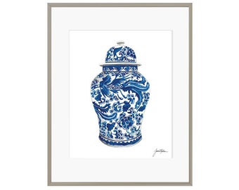 Ginger Jar Watercolor - Blue and White Ginger Jar- Chinoiserie - Asian Art- Chinese Painting - Asian Decor - Detailed Art Print - Art