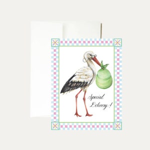 Carte de vœux à l’aquarelle de bébé cigogne - Nouvelle carte bébé - Baby Shower - Baby Boy - Baby Girl-Cute Baby Card-Stork Card-Hand Painted - Papeterie