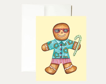 Gingerbread Man Christmas Greeting Card - Beach Painting - Tropical- Beach Fun -Watercolor -Holiday- Coastal-Funny-Florida- Art - Stationery