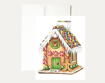 Gingerbread House Watercolor Christmas Greeting Card -Gingerbread Man - Christmas Candy - Holiday -Cute Christmas-Whimsical-Art - Stationery