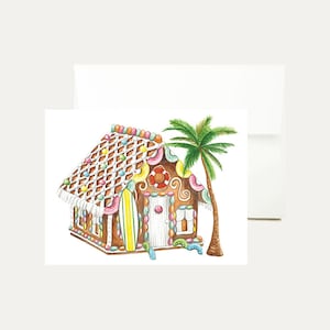 Palme Aquarell Weihnachtsgruß-Karte-Strandbild-Tropisch- Strand-Lebkuchenhaus-Urlaub-Küsten-Lustig-Florida-Kunst-Briefpapier