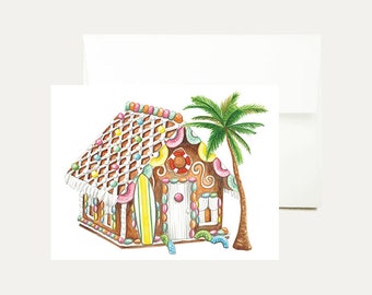 Palm Tree Watercolor Christmas Greeting Card-Beach Painting-Tropical- Beach-Gingerbread House -Holiday- Coastal-Funny-Florida-Art-Stationery